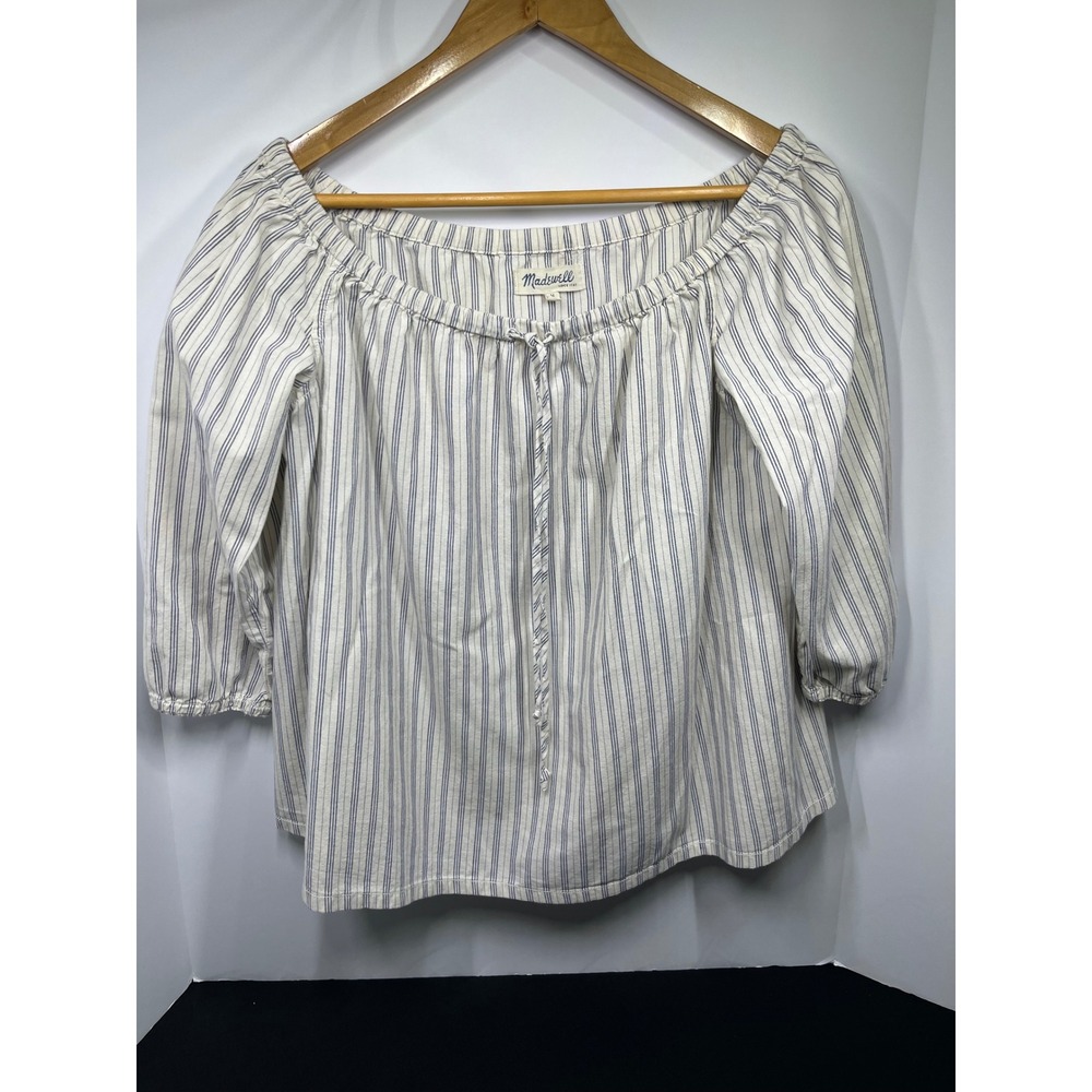 Madewell Off The Shoulder Striped Cotton Blouse Blue White Size M E9640